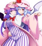  2girls ;) bangs bat_wings blue_hair bow breasts capelet closed_mouth crescent crescent_pin dress eichi_yuu fang hair_bow hat hat_ribbon large_breasts long_hair looking_at_viewer mob_cap multiple_girls one_eye_closed patchouli_knowledge pink_dress pink_headwear pointy_ears purple_eyes purple_hair red_bow red_eyes red_ribbon remilia_scarlet ribbon short_hair sidelocks simple_background smile striped striped_dress touhou white_background white_capelet wide_sleeves wings 
