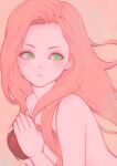  1girl blush closed_mouth eyeshadow green_eyes hair_censor long_hair looking_to_the_side makeup nude original pink_eyes pink_hair simple_background solo tomamatto upper_body very_long_hair 