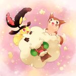  :d brown_eyes commentary_request cotton_ball furret highres looking_at_viewer looking_up mawile no_humans open_mouth orange_eyes pokemon pokemon_(creature) putto red_eyes smile tongue whimsicott 