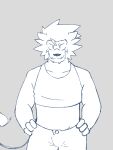  absurd_res anthro athletic athletic_anthro athletic_male bottomwear buckle clothing cocky confident crop_top crop_top_lion_(mrjosh47) determined fangs felid hand_on_hip hands_on_hips hi_res lion male mammal mane midriff mrjosh47 pantherine shirt smile smirk solo tail tail_tuft teeth topwear tuft 