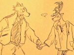  anthro antlers beastars bodily_fluids canid canine canis clothed clothing deer duo ellipsis fully_clothed hand_holding horn legoshi_(beastars) looking_at_another looking_at_partner louis_(beastars) male male/male mammal narrowed_eyes sweat wolf wuffinarts 