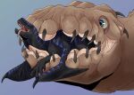  absurd_res ambiguous_gender beady_eyes black_body black_claws black_wings blue_background blue_eyes blue_stripes body_horror brown_body brown_fur claws dragon duo feral fur glistening glistening_eyes grey_claws hi_res imperatorcaesar membrane_(anatomy) membranous_wings oral_vore red_tongue sharp_teeth simple_background striped_neck stripes teeth tongue tongue_out unsigned vore wings 