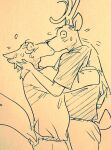  anthro beastars blush bodily_fluids canid canine canis caught deer duo embrace hug kiss_on_lips kissing legoshi_(beastars) louis_(beastars) making_out male male/male mammal sitting sweat wide_eyed wolf wuffinarts 