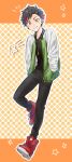  1boy bangs black_hair black_shirt closed_mouth ensemble_stars! fang fang_out full_body hands_in_pockets highres jacket jewelry male_focus multicolored_hair nagumo_tetora namo necklace open_clothes open_jacket red_footwear red_hair shirt short_hair simple_background solo star_(symbol) streaked_hair yellow_eyes 