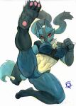 abs absurd_res anthro attacking_viewer blue_body blue_fur breasts clothed clothing feet female fighting_pose foot_focus fur generation_4_pokemon hi_res kick looking_at_viewer lucario murazaki nintendo pawpads paws pokemon pokemon_(species) pose red_eyes skimpy solo threatening 