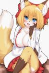 2023 anthro asian_clothing big_breasts blonde_hair blue_eyes blush breasts brown_body brown_fur canid canine cleavage clothed clothing crossed_legs digital_media_(artwork) dipstick_ears dipstick_tail east_asian_clothing female female_anthro fox fox_next_door_(horokusa) fur gloves_(marking) hair hi_res horokusa0519 inner_ear_fluff japanese_clothing kemono leg_markings looking_at_viewer mammal markings miko_outfit multicolored_body multicolored_ears multicolored_fur short_hair shrine_maiden socks_(marking) solo tail tail_markings tuft white_body white_fur yellow_body yellow_fur 