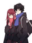  1boy 1girl absurdres amamiya_ren bag bangs black-framed_eyewear black_eyes black_hair black_jacket black_shirt blue_scarf blush buttons closed_mouth commentary_request glasses gloves hair_between_eyes hand_in_pocket highres hood hood_down hooded_jacket jacket long_hair looking_at_viewer messy_hair pants persona persona_5 persona_5_the_royal pink_gloves pink_scarf plaid plaid_pants plaid_skirt pocket red_eyes red_hair scarf school_bag school_uniform shirt short_hair shuujin_academy_school_uniform simple_background skirt smile tsubsa_syaoin uniform white_background yoshizawa_sumire 