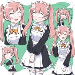  1boy ? alternate_costume apron black_eyes blush bow bowtie breasts collared_shirt constricted_pupils crossdressing cup drinking_glass enmaided frills green_background hakko head_steam highres komi-san_wa_komyushou_desu long_hair maid maid_apron maid_headdress multiple_views no_mouth pink_hair puffy_sleeves shirt sidelocks skirt small_breasts tadano_hitohito thighhighs tray twintails waving_arm zettai_ryouiki 