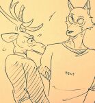  anthro antlers beastars blush bodily_fluids canid canine canis clothed clothing deer duo eyebrows fully_clothed horn legoshi_(beastars) louis_(beastars) male male/male mammal raised_eyebrow shocked_expression sweat text text_on_clothing wolf wuffinarts 