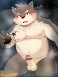  anthro balls belly brown_body brown_fur canid canine canis domestic_dog embarrassed erection fur genitals half-closed_eyes hi_res humanoid male mammal narrowed_eyes penis solo standing zuboboz 