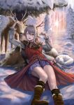  absurdres antlers bangs blue_skirt boar boots bow brown_footwear elk fox grey_hair hair_bow highres long_hair long_sleeves looking_at_animal lying on_back open_mouth original outdoors pink_bow pointy_ears silvertsuki skirt smile snow thighs 