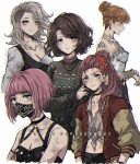  5girls bangs black_mask black_pants black_shirt breasts brown_hair brown_jacket brown_sweater cleavage criis-chan dead_by_daylight detached_sleeves flower freckles grey_hair hair_flower hair_ornament jacket jewelry kate_denson large_breasts long_hair mask medium_breasts medium_hair meg_thomas mikaela_reid mouth_mask multicolored_clothes multicolored_jacket multiple_girls nancy_wheeler nea_karlsson necklace o-ring open_clothes open_jacket pants pink_hair ponytail red_flower red_jacket shiny shiny_hair shirt short_hair simple_background single_bare_shoulder smile sweater two-tone_jacket white_background 