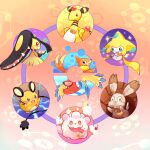  ampharos archen book brown_eyes buizel bunnelby closed_mouth commentary_request dedenne green_eyes holding holding_book jirachi mawile medal no_humans pokemon pokemon_(creature) putto red_eyes smile sparkle swirlix 