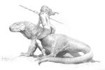  20th_century ancient_art bottomwear breasts clothing fantasy female feral frank_frazetta graphite_(artwork) greyscale hair holding_object holding_weapon human lizard loincloth loincloth_only mammal melee_weapon monochrome not_furry pencil_(artwork) polearm reptile riding scalie simple_background spear traditional_media_(artwork) weapon white_background 