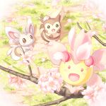  :d blush branch brown_eyes cherrim cherrim_(sunshine) cherry_blossoms commentary_request day falling_petals from_above furret grass highres minccino no_humans open_mouth outdoors petals pink_eyes pokemon pokemon_(creature) putto smile 