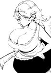  1girl absurdres bangs breasts cleavage closed_mouth covered_nipples dress hand_on_hip high_contrast highres himajin_noizu huge_breasts long_hair looking_at_viewer monochrome nata_(tool) sakata_nemuno simple_background single_strap skirt solo touhou 