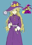  1girl bangs blonde_hair blue_background bow crescent crescent_pin dress english_commentary hat hat_bow highres himuhino holding holding_staff kirisame_marisa kirisame_marisa_(pc-98) long_hair long_sleeves looking_at_viewer parted_lips purple_dress purple_headwear reference_inset simple_background smile solo staff touhou touhou_(pc-98) witch_hat yellow_bow 