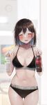  1girl :d ass_visible_through_thighs bangs bare_shoulders blush breasts brown_hair cleavage closed_eyes collarbone highres holding large_breasts looking_at_viewer medium_hair midriff navel open_mouth original product_placement rouka_(akatyann) smile soda solo sports_bra sweat thigh_gap underwear 