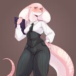  anthro breasts business_suit clipboard clothed clothing cobra faeyyaa female fully_clothed hand_on_hip hi_res long_tail necktie office_lady pink_body pink_scales pinstripes reptile scales scalie secretary snake snake_hood solo suit tail thick_tail 