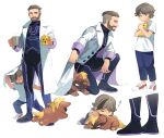  2boys aged_down arven_(pokemon) beard bodysuit brown_hair character_print closed_mouth coat commentary_request cup facial_hair father_and_son green_eyes highres holding holding_cup male_focus mug multiple_boys multiple_views open_clothes open_coat pikachu pokemon pokemon_(game) pokemon_sv saida_(ohda_ooda) short_hair sleeping standing steam turo_(pokemon) undercut white_background white_coat zzz 