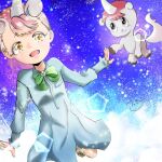  1:1 :3 ambiguous_gender animal_humanoid blue_clothing blue_dress bow_ribbon clothing digital_drawing_(artwork) digital_media_(artwork) dress duo equid equid_humanoid equine female feral flying green_ribbon hair happy hooves horn human humanoid japanese_text kemono_friends looking_at_viewer male mammal mammal_humanoid mane orange_eyes osamu_tezuka pink_hair pink_mane sanrio star text twitter unico unico_(kemono_friends) unico_(series) unicorn unicorn_humanoid unknown_artist 