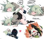  1boy 2girls absurdres animal_ear_fluff animal_ears arknights black_skirt blush boots breasts cat_ears cat_tail clothes_lift doctor_(arknights) english_text eye_trail gie_(gienara) green_eyes green_hair grey_jacket harmonie_(arknights) heart highres jacket kal&#039;tsit_(arknights) large_breasts light_trail long_hair mon3tr_(arknights) multiple_girls multiple_views no_panties one_eye_closed open_mouth simple_background skirt skirt_lift sweat tail tail_pull top-down_bottom-up trembling white_background 