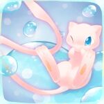  blue_eyes bubble commentary_request hands_up lowres lying mew no_humans on_back one_eye_closed pokemon pokemon_(creature) putto solo toes 