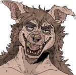  absurd_res anthro blue_eyes brown_hair bust_portrait facial_hair front_view goatee hair hi_res imperatorcaesar looking_at_viewer male narrowed_eyes nude open_mouth open_smile portrait simple_background smile solo tan_sclera tan_teeth whiskers white_background 