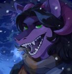  absurd_res anthro black_hair breath bust_portrait corzh77 fangs female fur glistening glistening_eyes green_eyes hair hi_res horn looking_at_viewer open_mouth outside portrait purple_body purple_fur purple_horn purple_tongue scarf sky snow snowing solo teeth tongue 
