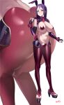  1girl absurdres animal_ears ass bangs breasts covered_nipples fake_animal_ears fate/grand_order fate_(series) fine_fabric_emphasis full_body heart_maebari highres kurozawa_yui large_breasts latex latex_legwear long_hair looking_at_viewer maebari meme_attire minamoto_no_raikou_(fate) multiple_views navel parted_bangs pasties purple_eyes purple_hair rabbit_ears rabbit_tail revealing_clothes reverse_bunnysuit reverse_outfit tail thighs very_long_hair wrist_cuffs 