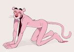  1boy absurdres all_fours animal_ears bangs body_fur closed_mouth daga_(hexedcoin) from_side grey_background highres looking_back male_focus necktie panther_boy panther_ears panther_tail pink_fur red_necktie smile solo striped_necktie the_pink_panther the_pink_panther_(character) 