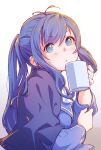  1girl antenna_hair bangs blue_eyes blue_hair commentary_request cup gradient gradient_background hair_between_eyes holding holding_cup imaichi_moenai_ko kobe_shinbun long_hair long_sleeves looking_at_viewer mug school_uniform sidelocks simple_background solo tomamatto twintails 