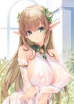  1girl arm_under_breasts bangs bare_shoulders blonde_hair bracelet breasts closed_mouth commentary_request covered_nipples detached_sleeves dress elf flower green_eyes hair_flower hair_ornament jewelry kirishima_satoshi large_breasts long_hair long_sleeves looking_at_viewer navel nipples original paid_reward_available pointy_ears see-through solo upper_body very_long_hair white_dress 