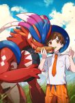  1boy bangs blue_headwear blurry brown_eyes brown_hair cloud collared_shirt commentary_request day eating florian_(pokemon) food grass hands_up hat holding holding_food koraidon lettuce lu_(sa17_71) male_focus necktie orange_necktie orange_shorts outdoors pokemon pokemon_(creature) pokemon_(game) pokemon_sv sandwich shirt short_hair shorts sky thumbs_up twitter_username watermark white_shirt 