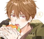  1boy :o bangs bird brown_eyes brown_hair burger food green_jacket h_haluhalu415 holding holding_food jacket long_sleeves looking_at_viewer luke_pearce_(tears_of_themis) male_focus open_mouth short_hair simple_background solo tears_of_themis upper_body white_background 