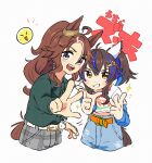  2girls :d absurdres appleq bangs belt_buckle blue_eyes blue_hair blue_skirt blush brown_eyes brown_hair buckle collared_shirt commentary_request daitaku_helios_(umamusume) dress_shirt green_shirt grey_background grey_pants grin hair_between_eyes hair_ornament hairclip highres horse_girl layered_sleeves long_sleeves mejiro_palmer_(umamusume) multicolored_hair multiple_girls orange_belt pants parted_bangs plaid plaid_pants ponytail shirt short_over_long_sleeves short_sleeves simple_background skirt smile sparkle spoken_expression star_(symbol) star_hair_ornament streaked_hair translation_request umamusume white_hair white_shirt 