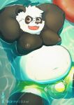  2023 anthro bear belly big_belly black_body bulge clothing eyewear giant_panda glasses kemono lying male mammal moobs natsuhakoura navel nipples overweight overweight_male solo swimwear water white_body 
