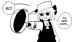  ascot bow cooking_pot english_text frying_pan hair_bow highres hikibee holding holding_frying_pan long_sleeves open_mouth pot_on_head ribbon rumia sharp_teeth shirt short_hair skillet solo teeth touhou vest 