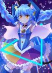  animal_ears blue_gloves blue_hair boots braid cat_ears cat_tail cure_cosmo elbow_gloves fur-trimmed_gloves fur_trim gloves hat highres kokonogi_kisara magical_girl mini_hat multicolored_clothes multicolored_skirt precure rainbow_skirt skirt star_color_pen star_twinkle_precure starry_background tail tail_ornament tail_ring thigh_boots twin_braids yellow_eyes yuni_(precure) 