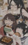  3girls anajudraws artist_name black-framed_eyewear black_hair bow brown_eyes brown_hair burger cat_hair_ornament chopsticks eating food hair_ornament highres holding holding_food long_hair looking_at_viewer multiple_girls noodles onigiri open_mouth plaid plaid_shirt pot_stickers ramen red_bow school_uniform serafuku shirt short_hair takoyaki tonkatsu 