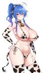  1girl ahoge animal_ears animal_print areola_slip azur_lane bell bikini bilei black_collar black_hairband blue_hair breasts closed_mouth collar cow_ears cow_horns cow_print cow_tail cowbell elbow_gloves extra_ears fake_animal_ears fake_horns female_pubic_hair gloves hairband hand_on_hip highres horns large_breasts navel neck_bell print_bikini print_gloves print_thighhighs pubic_hair pubic_hair_peek purple_eyes revision side-tie_bikini_bottom side_ponytail sidelocks simple_background skindentation smile solo st._louis_(azur_lane) stomach strap_gap swimsuit tail thighhighs thighs wavy_hair white_background 