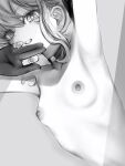  1girl absurdres arm_up armpits bangs breasts collarbone earrings gloves greyscale hair_between_eyes highres hololive hoshimachi_suisei jewelry looking_at_viewer monochrome nanashi_(nlo) nipples nude parted_lips partially_fingerless_gloves sidelocks small_breasts solo star_(symbol) star_earrings star_in_eye symbol_in_eye upper_body virtual_youtuber 