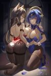  2girls animal_ears armlet ass asymmetrical_docking back bare_shoulders blue_eyes blue_leotard blush bow bowtie breast_press breasts brown_hair brown_pantyhose candace_(genshin_impact) chinese_commentary circlet closed_mouth covered_navel dark-skinned_female dark_skin dehya_(genshin_impact) detached_collar earrings eye_of_horus genshin_impact hair_ornament heterochromia high_heels highres holding_hands interlocked_fingers jewelry kneeling large_breasts leotard long_hair low_twintails miaogujun multicolored_hair multiple_girls no_shoes pantyhose playboy_bunny purple_bow purple_bowtie purple_hair purple_nails rabbit_ears rabbit_tail red_leotard red_nails soles streaked_hair tail tassel tassel_hair_ornament thighband_pantyhose thighlet thighs twintails wrist_cuffs yellow_eyes yuri 