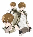  1boy bangs brown_eyes brown_hair brown_jacket brown_pants closed_mouth collarbone h_haluhalu415 jacket looking_at_viewer luke_pearce_(tears_of_themis) male_focus multiple_views open_clothes open_jacket pants parted_lips shirt short_hair simple_background sleeves_past_elbows tears_of_themis white_background white_shirt 