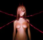  1girl bound breasts chainsaw_man cross-shaped_pupils crying crying_with_eyes_open dark dark_background dbrhk0506 hair_over_one_eye highres horns intestines long_hair looking_at_viewer navel no_nipples nude pink_hair power_(chainsaw_man) red_eyes red_horns sad small_breasts solo symbol-shaped_pupils tears 