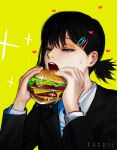  1girl absurdres bangs black_hair black_jacket black_necktie burger chainsaw_man character_name collared_shirt dbrhk0506 food formal hair_ornament hairclip half-closed_eyes higashiyama_kobeni highres holding holding_food imminent_bite jacket looking_at_object medium_hair necktie open_mouth shirt short_ponytail simple_background single_sidelock solo sparkle suit suit_jacket swept_bangs white_shirt yellow_background 