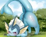  5:4 absurd_res ambiguous_gender blue_body blush butt day eeveelution feral generation_1_pokemon hi_res looking_at_viewer nintendo outside pokemon pokemon_(species) purple_eyes raised_tail solo tail vaporeon wlllll 