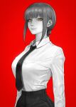  1girl absurdres bangs black_necktie black_pants braid braided_ponytail breasts chainsaw_man collared_shirt dbrhk0506 grey_hair highres large_breasts limited_palette looking_at_viewer makima_(chainsaw_man) medium_hair necktie pants red_background ringed_eyes shirt shirt_tucked_in simple_background smile solo white_shirt yellow_eyes 