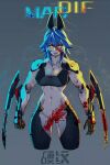  1girl black_bow blade blood blood_censor blood_on_face blue_hair bottomless bow breasts cameltoe cleavage cyberpunk cyberpunk_(series) cyberpunk_2077 cyborg highres large_breasts liren44 long_hair looking_at_viewer mechanical_arms muscular muscular_female navel original smile yellow_eyes 