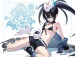  1girl 2023 animal animal_on_head bangs bikini bikini_top_only black_bikini black_footwear black_gloves black_hair black_jacket black_rock_shooter black_rock_shooter_(character) black_shorts blue_eyes boots breasts chinese_zodiac commentary_request cross-laced_footwear gloves hair_between_eyes jacket lace-up_boots long_hair long_sleeves navel off_shoulder on_head open_clothes open_jacket rabbit red_eyes scottie_(phantom2) short_shorts shorts sleeves_past_wrists small_breasts solo star-shaped_pupils star_(symbol) swimsuit symbol-shaped_pupils twintails uneven_twintails very_long_hair year_of_the_rabbit 